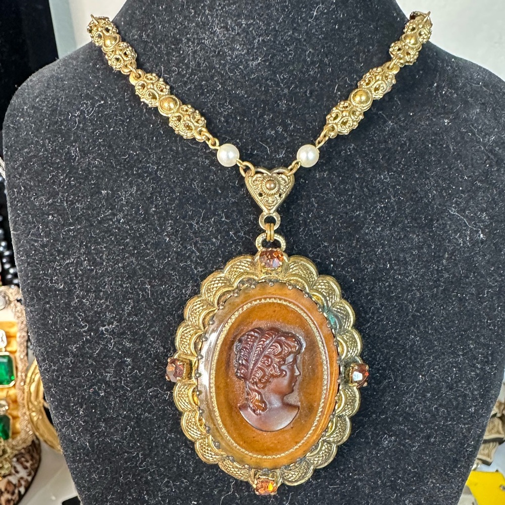 Vintage Gold and Brown Cameo Necklace Western Germany